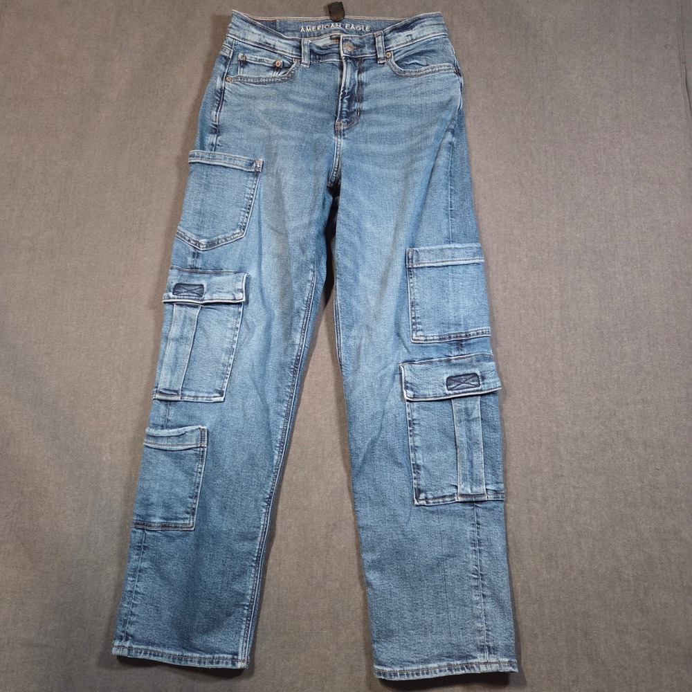 American Eagle Cargo Jeans Womens 2 Short Blue Super High Rise Baggy Straight